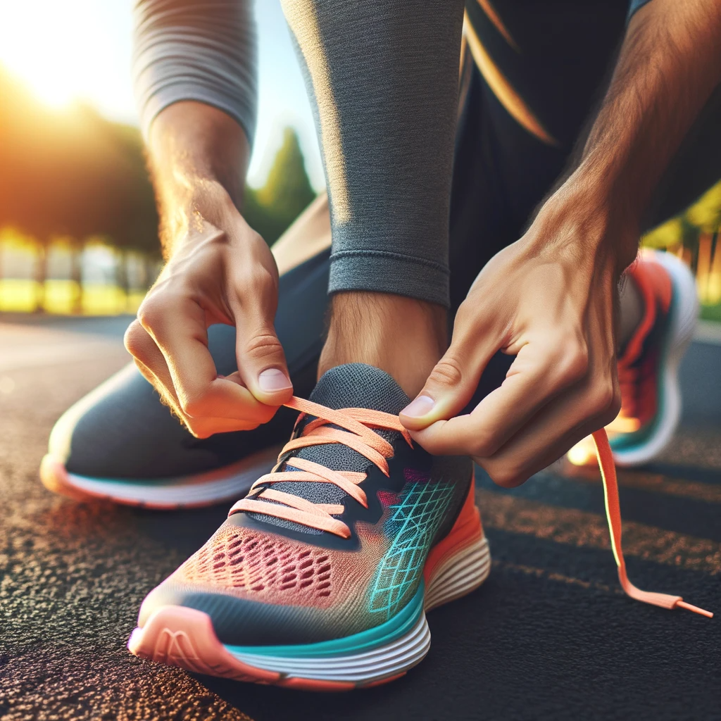 lacing up running shoes
